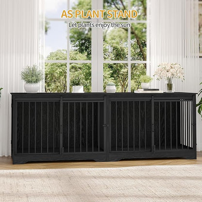 Hzuaneri 78" Dog Crate Furniture for 2 Dogs, Double Dog Cage with Divider, Wooden Heavy Duty Dogs Kennel, Pet Cage with Barn Door, TV Stand for Large Small Medium Pet, Black DFC83704B
