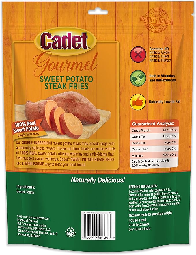 Cadet Gourmet Sweet Potato Steak Fries, Healthy Natural Chewy Dog Treats, Single-Ingredient, for Small & Large Dogs, 1 Pound