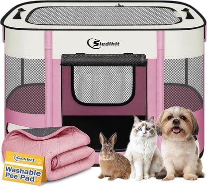 Dog Playpen,Cat Pet Puppy Pen,Portable Playpens for Dogs Indoor Outdoor Travel Camping Use,Foldable Dog Kennel Tent Crate for Rabbit Small Animals with Carrying Case (Pink with Pad, Small)
