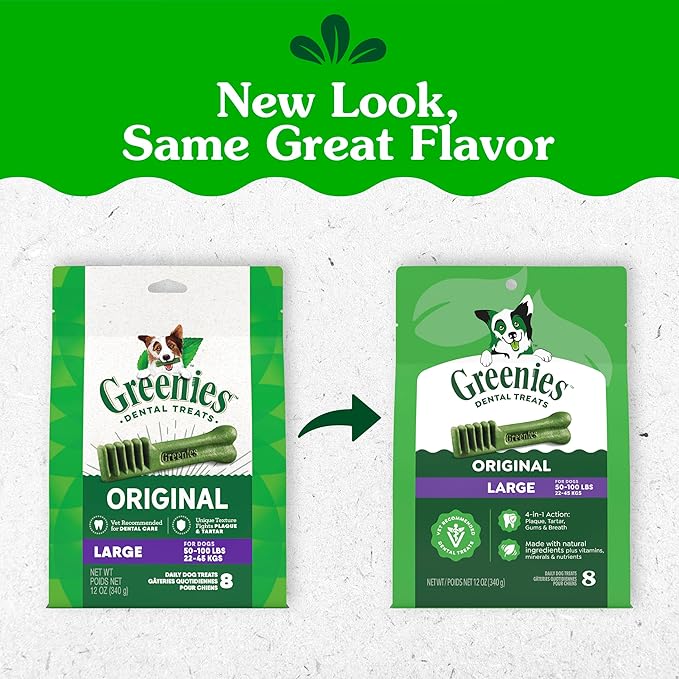 Greenies Veterinarian-Recommended Adult Natural Dental Dog Treats Large Size, Dog Dental Chews, Original Flavor, 12 oz. Pack, 8 Count