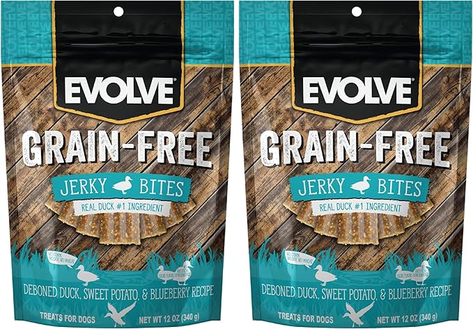 Evolve Grain Free Duck, Pea and Blueberry Jerky Bites Dog Treats (Pack of 2)