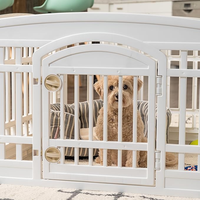 IRIS USA Dog Playpen with Door, 24” 4 Panel Pet Exercise Pen – Indoor Outdoor Puppy Play Pen, Portable Plastic Pet Fence for Small Medium Dogs, Foldable 35” x 35” x 24”, White