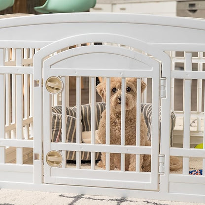 IRIS USA Dog Playpen with Door, 24” 4 Panel Pet Exercise Pen – Indoor Outdoor Puppy Play Pen, Portable Plastic Pet Fence for Small Medium Dogs, Foldable 35” x 35” x 24”, White