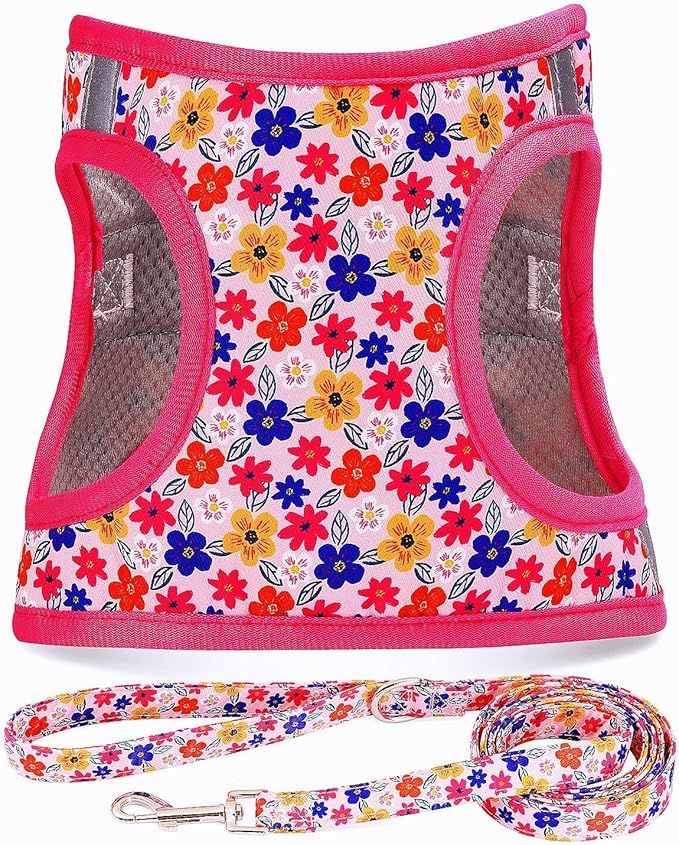 Moonpet Step in Dog Harness Leash Set- All Weather Reflective No-Pull Floral Pattern Padded Mesh Vest Harness for Cats Puppy Extra-Small Small Medium Large Dogs - Romantic Sakura - XXS