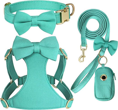 Beirui Adorable Small Dog Harness Collar Leash Set,Cute Puppy Harness with 3 Bows for XS Dogs,Yorkie,Adjustable Step-in Vest for Walking,Parties&Holiday Outfits(Teal,XS)