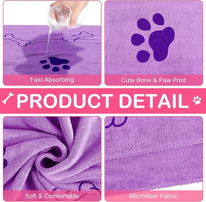 Chumia 8 Pcs Dog Towels for Drying Dogs Cats Pet Towels Bulk Puppy Microfiber Fast Drying Paw Bath Bathing Supplies Absorbent for Medium Pets(40 x 24 Inch,Dog Paw and Bone,Sweet Color)
