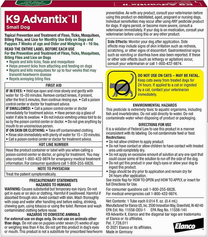 K9 Advantix II Small Dog Vet-Recommended Flea, Tick & Mosquito Treatment & Prevention | Dogs 4-10 lbs. | 1-Mo Supply (Pack of 3)