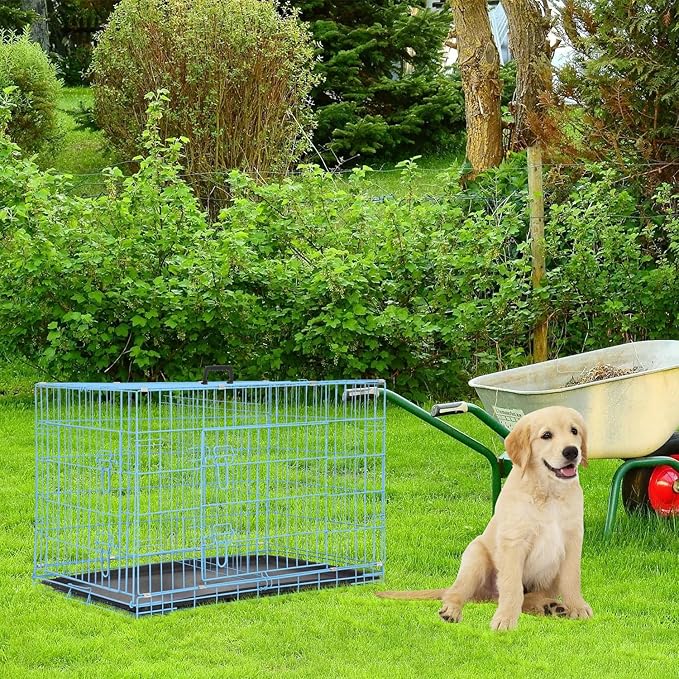 42 Inch Large Dog Crate Dog Kennel Pet Cage Metal Wire Crates Pet Cages Double-Door Folding Kennels with Handle Leak-Proof Pan Tray,Blue