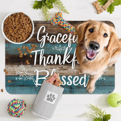Thankful Grateful Blessed Dog Cat Food Mat,Vintage Wooden Absorbent Pet Feeding Mat for Food and Water, Non-Slip Dog Bowl Mats Floor Protector 12"x20"