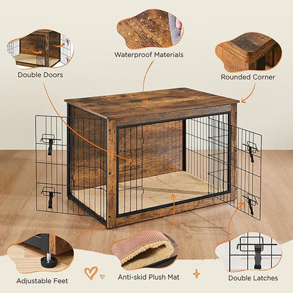 Yaheetech 40'' Dog Crate Furniture with Cushion Wooden Dog Crate with Double Doors/Adjustable Feet Side End Table for Small/Medium Dogs