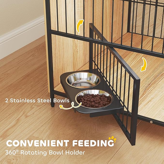 PawHut Dog Crate Furniture with Rotating Bowls, 30 Inch Pet Kennel Furniture End Side Table with 2 Doors, Top Storage Shelf, for Indoor Medium Dogs, Oak