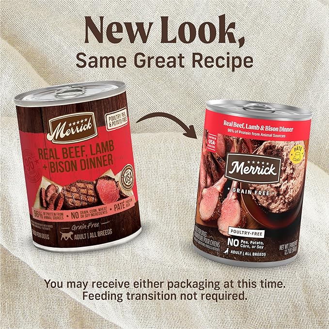 Merrick Grain Free Premium And Natural Canned Dog Food, Soft And Healthy Poultry Free Wet Recipe, Real Beef Lamb And Bison - (Pack of 12) 12.7 oz. Cans