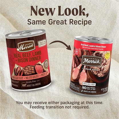 Merrick Grain Free Premium And Natural Canned Dog Food, Soft And Healthy Poultry Free Wet Recipe, Real Beef Lamb And Bison - (Pack of 12) 12.7 oz. Cans