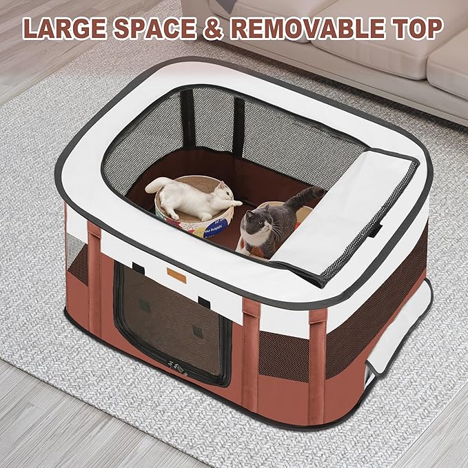 Dog Playpen - Foldable Cat Play Pens for Pubby, Kitten, Rabbit, Portable Pet Tent with Carring Bag for Indoor/Outdoor Travel Camping Brown X-Large