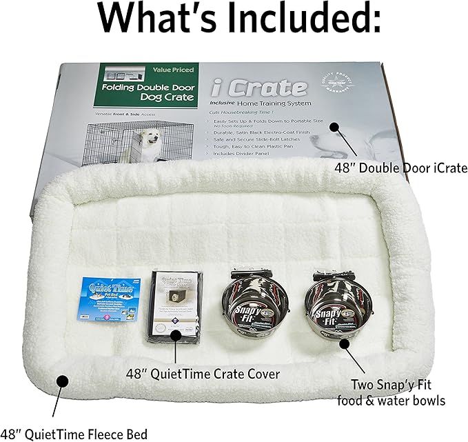 MidWest Homes for Pets Double Door iCrate Starter Kit, 48-inch Dog Crate Bundle for Extra-Large Dogs, Includes Cage, Pet Bed, 2 Bowls and Privacy Cover