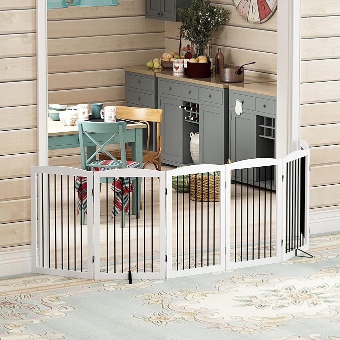 PUPETPO Freestanding Pet Gate for Dogs, Indoor Wooden Foldable Dog Gate for House, Extra Wide, Pet Fence for Stairs, Doorways, Halls, Support Feet Included, 120 Inch Wide, 6 Panels 32",White