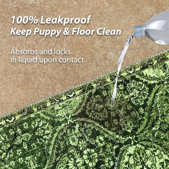 nunubaby Washable Pee Pads for Dogs, Stylish, Non-Slip and Leak-Proof Pee Pads. Reusable Potty Pads for Dogs for Crates and Floors.(Green/Multi, 36" x72" )