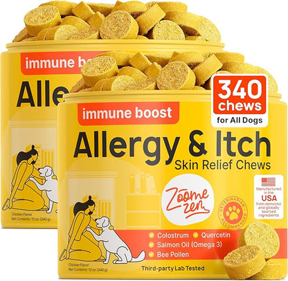 Dog Allergy Chews – Dog Allergy Relief, Itch Relief for Dogs – Anti Itch, Allergies & Immune Chews for Dogs with Omega 3 Fish Oil, Colostrum & Probiotics – 340 Count, Made in USA