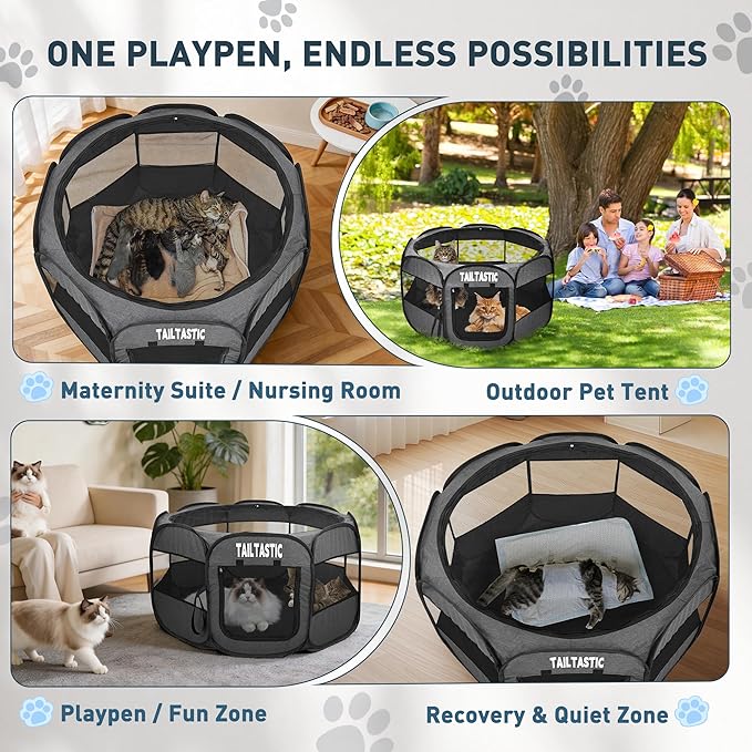 Portable Pet Playpen for Small Dogs & Cats, Foldable Puppy Safety Pen with Removable Zipper Top, Breathable Mesh Dog Delivery Room, Indoor Isolation Cage for Kittens/Rabbits (Dark Grey, Small)