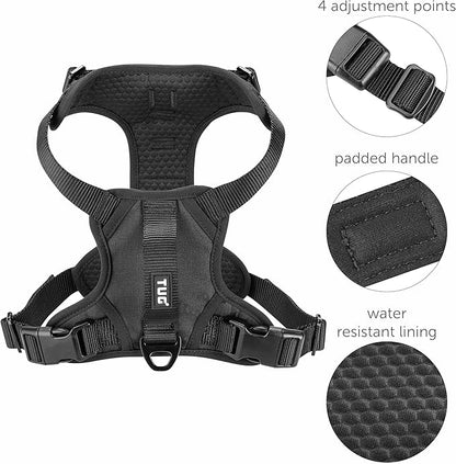 TUG Dog Harness with 2 Leash Connection Points | Adjustable, Padded, Lightweight | Handle on Back | No-Pull Front Clip (Small, Black)