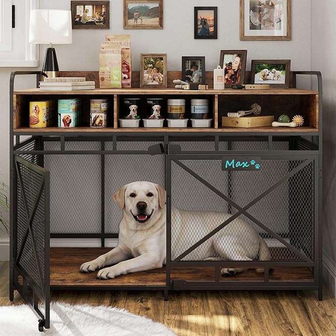Fulhope Dog Crate Furniture, 48" Heavy Duty Wooden Dog Crate End Table, XL Dog Kennel Furniture Large Breed, Decorative Dog Kenne Indoor with 3 Drawers & Steel Tubes 48" L x28 W x36 H (Rustic Brown)