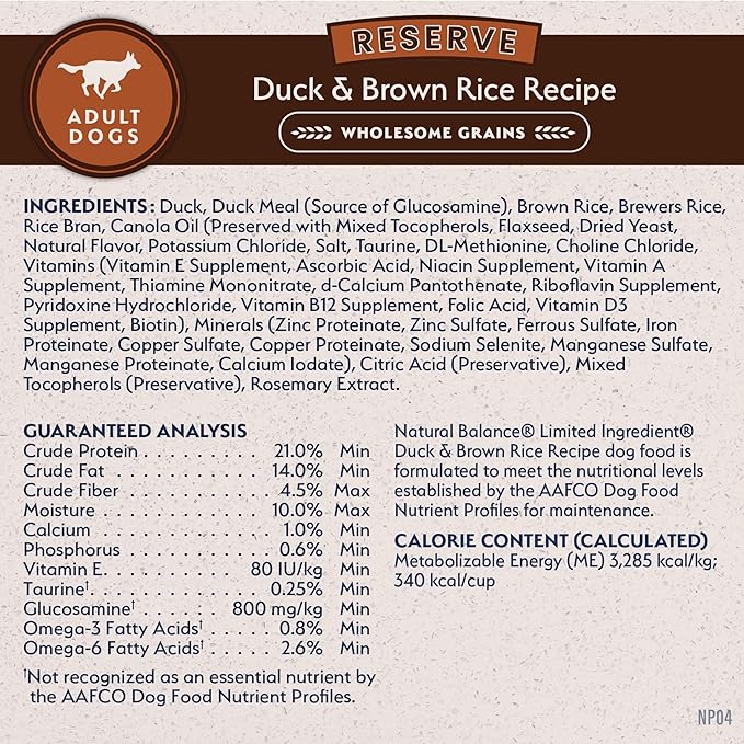 Natural Balance Limited Ingredient Adult Dry Dog Food with Healthy Grains, Reserve Duck & Brown Rice Recipe, 22 Pound (Pack of 1)