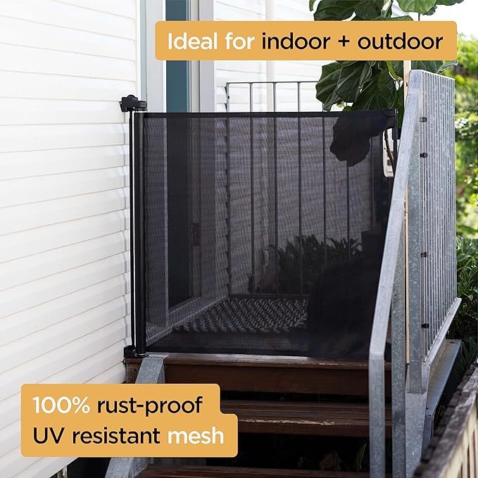 Hakuna Pets Indoor/Outdoor Paw Proof Retractable Dog Gate, 36.6" Tall Extends to 71" Wide, Black
