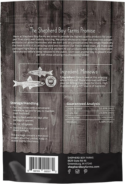 Shepherd Boy Farms Freeze Dried Dog and Cat Treats, Minnows, All Natural Single Ingredient Freeze-Dried Dog Treat & Snacks, Made in USA, High in Protein, Essential Nutrition of Raw Food, 2oz