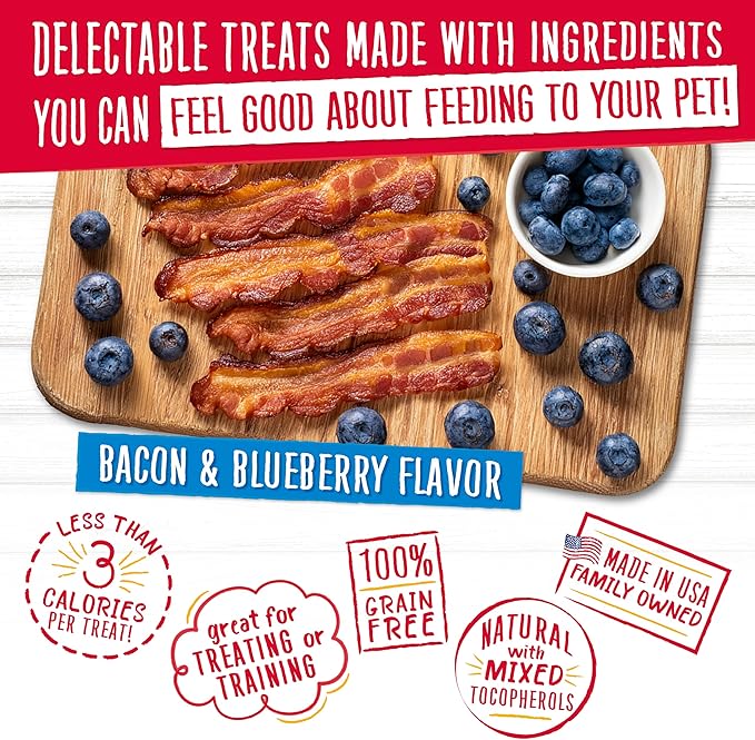 Charlee Bear Crunch Grain Free Dog Treats, Bacon and Blueberry, 8 Ounce Resealable Bag, Low Calorie Training Treats for Dogs, Limited Ingredient, Healthy, Crunchy Dog Snacks, Made in USA