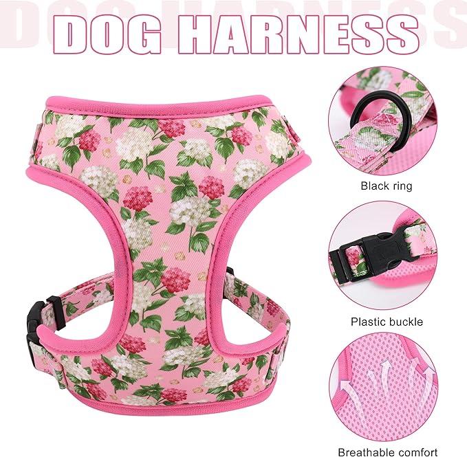 Beirui Cute Girl Dog Collars, Harnesses & Leashes Set - Adjustable Dog Collar and Leash Set with Flower - Soft Mesh Dog Vest Harness for Puppies Small Medium Dogs (Pink,M)
