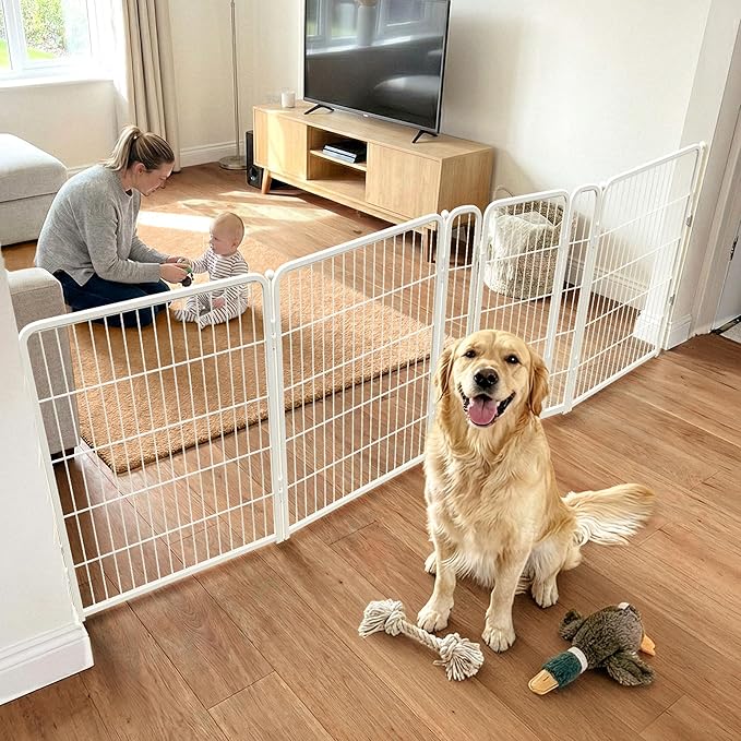 FXW Dog Gate Extra Wide Designed for Indoor Use, Adjustable Width Up to 111-inch Wide (40" H 4 Wire Panels for Medium and Large Dogs), White