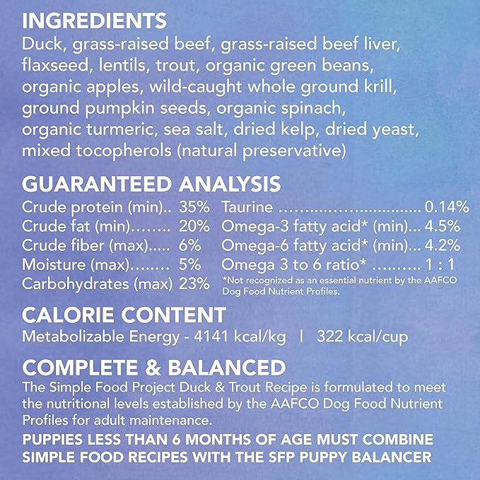 Simple Food Project - Duck & Trout Recipe - Freeze Dried Raw Food for Dogs - 48oz