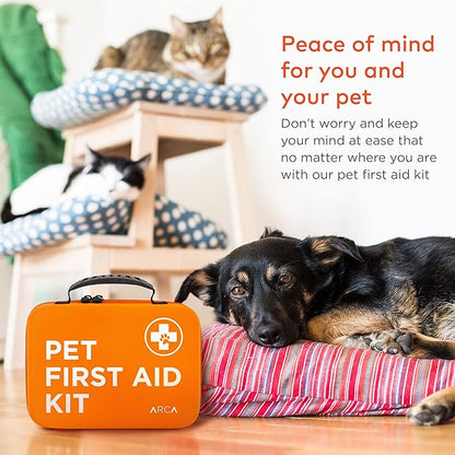 ARCA PET Cat & Dog First Aid Kit for Car - Pet Emergency Kit for Home Office Travel – Dog Camping Essentials with Digital Thermometer, Muzzle & Mini First Aid Pouch