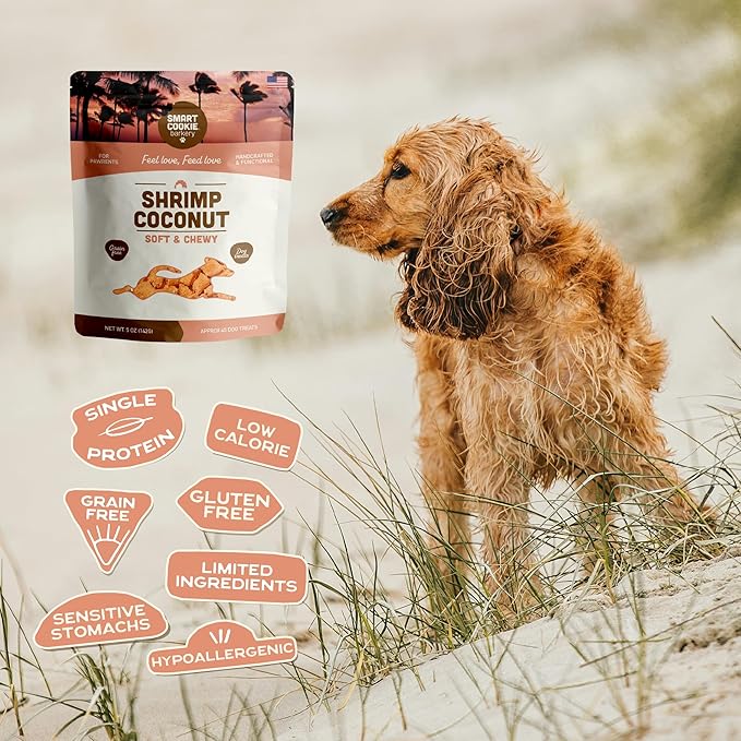 Smart Cookie All Natural Soft Dog Treats - Shrimp & Coconut - Healthy Dog Treats for Allergies, Sensitive Stomachs - Chewy, Grain Free, Human-Grade, Made in The USA - 5oz Bag, 1 Pack