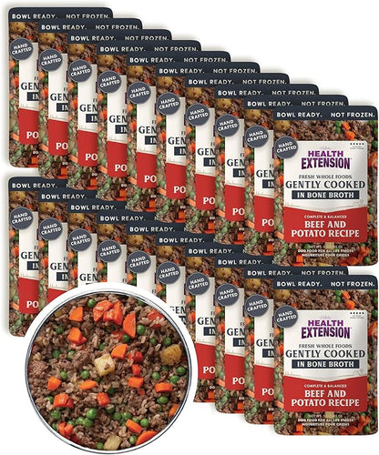 Health Extension Gently Cooked Beef & Potato Dog Food, Human-Grade and Shelf-Stable with Superfoods, Supports Digestion, Immunity, Skin & Coat, 3 oz Pouch (Pack of 20)