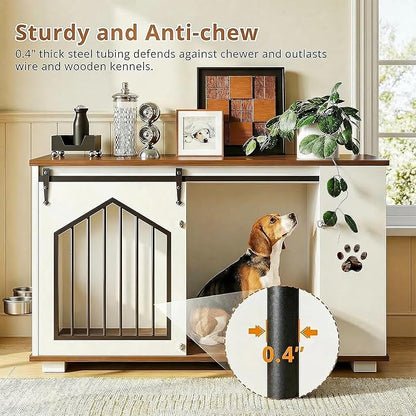 IRONCK Large Dog Crate Furniture with 2 Rotatable Dog Bowls, Wooden Dog Kennel with 2 Adjustable Shelves, Barn Doors Decorative Pet Cage Dog House as TV Stand, White