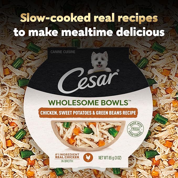 Cesar Wholesome Bowls Adult Wet Dog Food, Chicken, Sweet Potato & Green Beans Recipe, Wet Food for Dogs, 3 Oz. Bowls, 10 Count