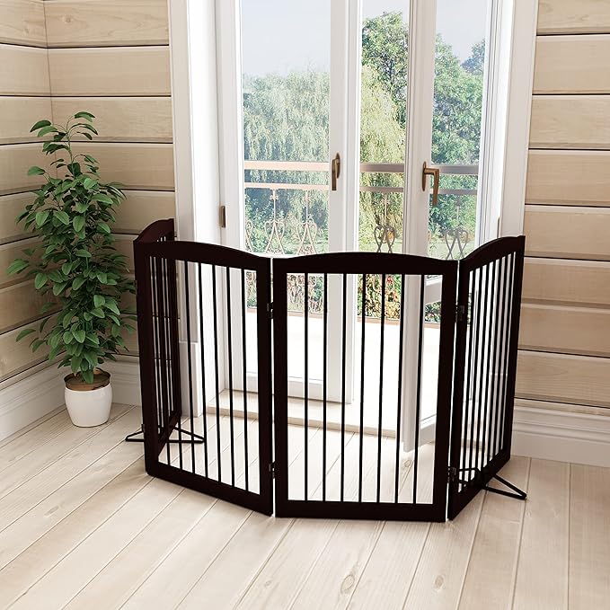 PUPETPO Freestanding Pet Gate for Dogs, Indoor Wooden Foldable Dog Gate for House, Doorway, Stair, 80 Inch Wide, 4 Panels 32",Brown