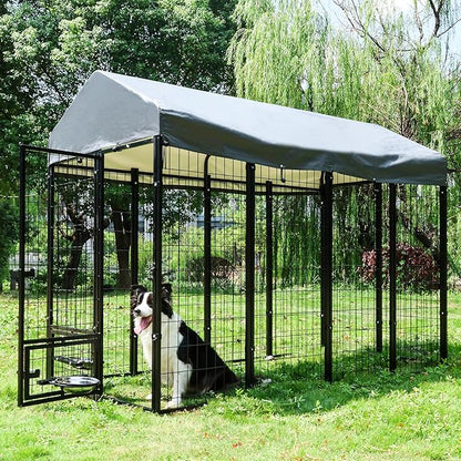 Dog Kennel Outdoor 8 x4 x6 ft with Roof and Rotating Bowl Holders, Large Metal Dog Enclosure, Heavy Duty Dog House Built with Robust 4mm Diameter Wire (8'L x 4'W x 6'H)