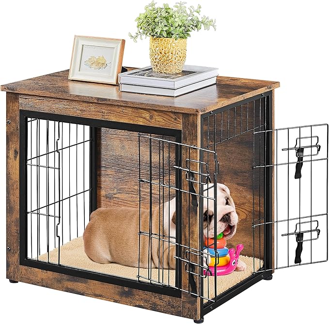 Yaheetech 27.5 Inch Dog Crate Furniture with Cushion, Wooden Dog Kennel with Double Door Side End Table with Adjustable Feet for Small Medium Dogs