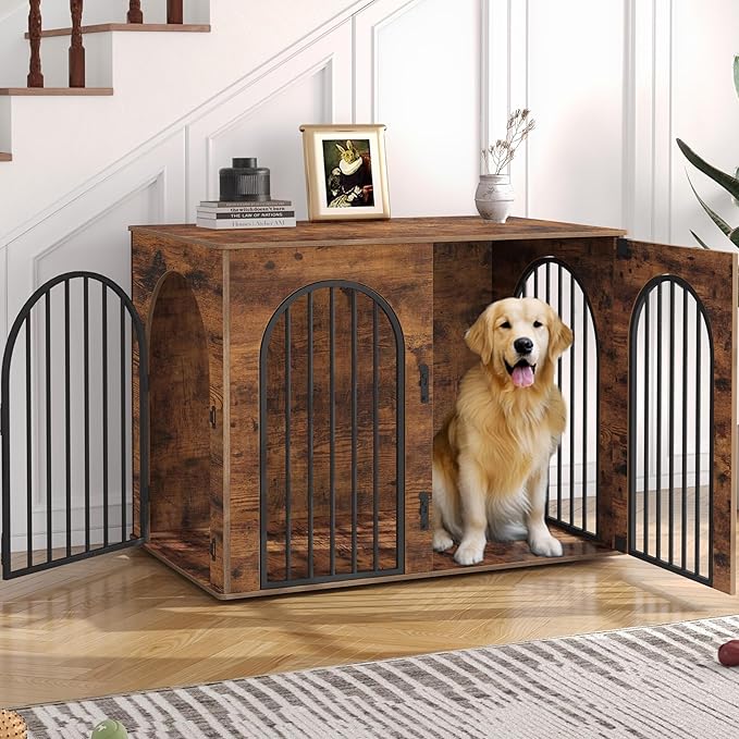 Hzuaneri 44.1" Wooden Dog Crate Furniture, Indoor Dog Kennel Dogs Cage for Small/Medium/Large Dogs, Heavy Duty Dog Crates Decorative Pet House End Side Table TV Stand, Rustic Brown DFC83901B