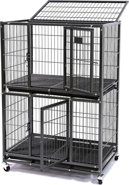 Homey Pet 31 Inch Two Tiers Heavy Duty Dog Crate Cage Kennel with Four Lockable Wheels, Removable Tray, Escape Proof Wire Drop Dog Crates for Small Dogs