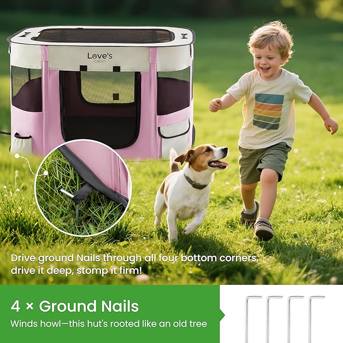 Love's cabin Pet Puppy Dog Playpen, Large Dog Tent Crates Cage Indoor/Outdoor, Portable Exercise Playpen for Cat, Foldable Pop Up Dog Kennel Playpen with Carring Case (L, Light Pink)