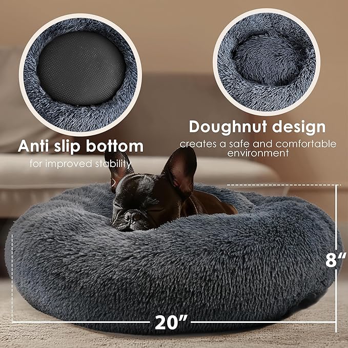 Hoewina Dog & Cat Bed, 20in Cat Beds for Indoor Cats, Calming Donut Bed for Puppy and Kitten, Washable Round Fluffy Pet Bed for Small Medium Dogs and Cats (Dark Grey)