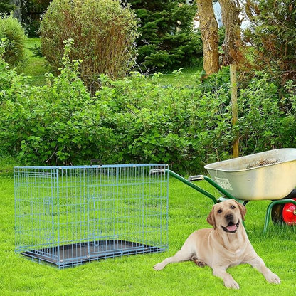 Dog Crate, Wire Kennel with Divider Panel, Metal Cages with Double Door, Leak-Proof Pan Tray, Folding Portable Pet Dog Cage for Indoor Outdoor Travel (Blue, 48")