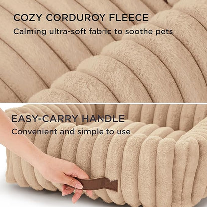 Bedsure ComfyFleece™ Cute Dog Bed for Small Dogs & Cats - Washable Furry Puppy Beds, Rectangle Orthopedic Corduroy Fleece Pet Beds with Removable Zipper Cover, 20x19x6inches, Sandy Beige