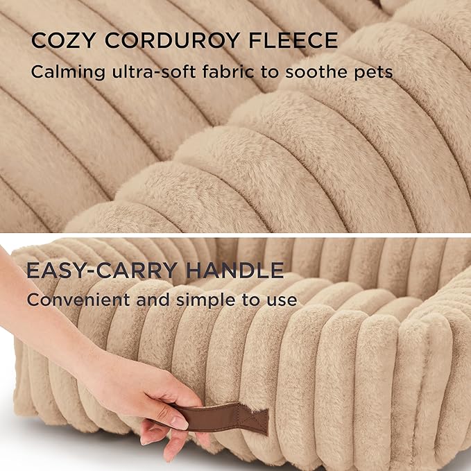 Bedsure ComfyFleece™ Washable Dog Bed for Medium Dogs - Cute Furry Puppy Beds, Rectangle Orthopedic Corduroy Fleece Pet Beds with Removable Zipper Cover, 30x24x8inches, Sandy Beige