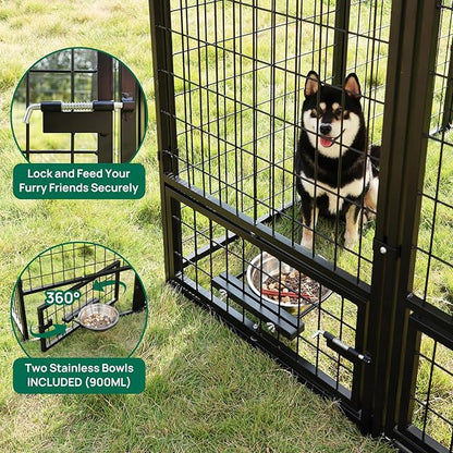 Dog Kennel Outdoor 4.5 x4.5 x4.9 ft with Roof and Rotating Bowl Holders, Large Metal Dog Enclosure, Heavy Duty Dog House Built with Robust 4mm Diameter Wire (4.5'L x 4.5'W x 4.9'H)