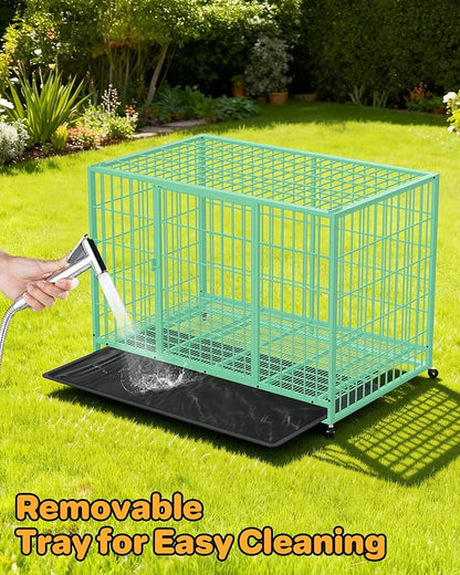 HIWOKK 48 Inch Large Dog Crate, Escape Proof Dog Cage with Dual Door Lock and Swivel Casters,Removable Tray for Easy Cleaning, Dog Kennel Indoor Outdoor Use