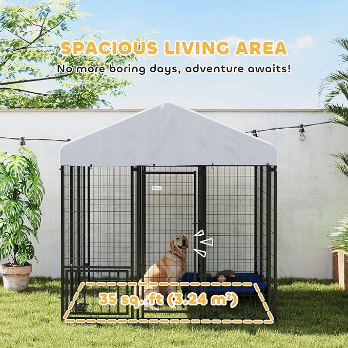 PawHut Outdoor Dog Kennel with Roof, 6' x 6' x 6' Heavy Duty Welded Wire Dog Playpen Enclosure with Escape-Proof Lock, Adjustable Bowls, UV-Resistant & Waterproof Cover, for S&M&L Breeds, Silver
